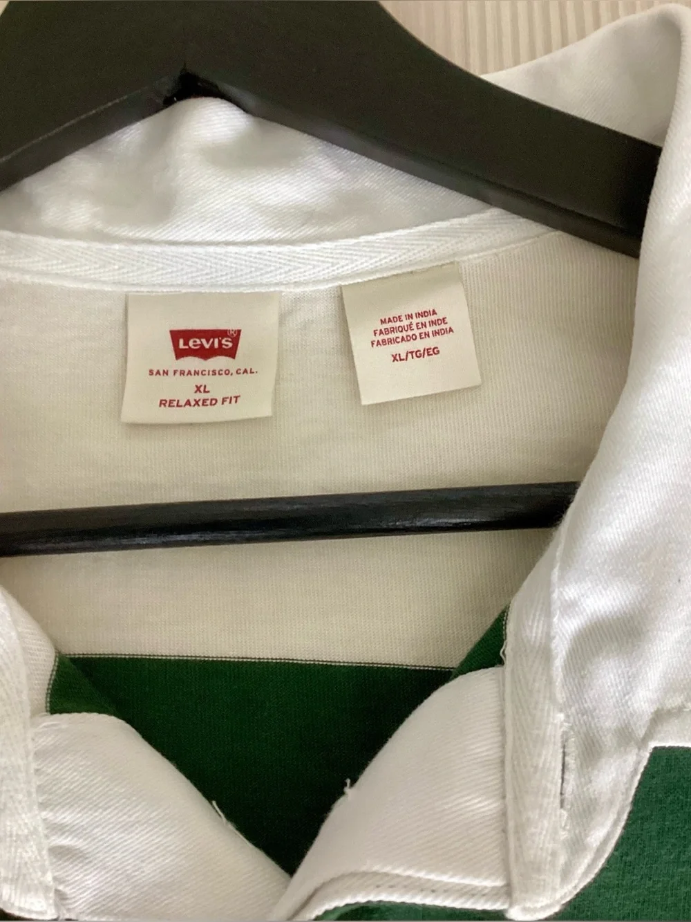 Levi’s Rugby Shirt Men’s XL Green White Stripe Relaxed Fit Long Sleeve Polo